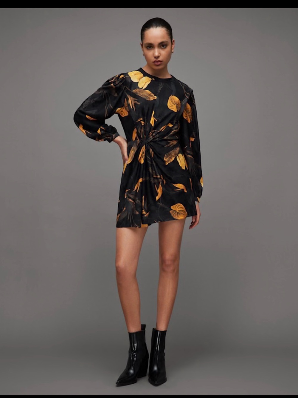 AllSaints Black Wrap Mini Dress with Gold Leaf Print